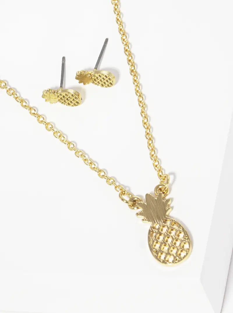 Metal Pineapple Pendant Necklace Set with Earrings