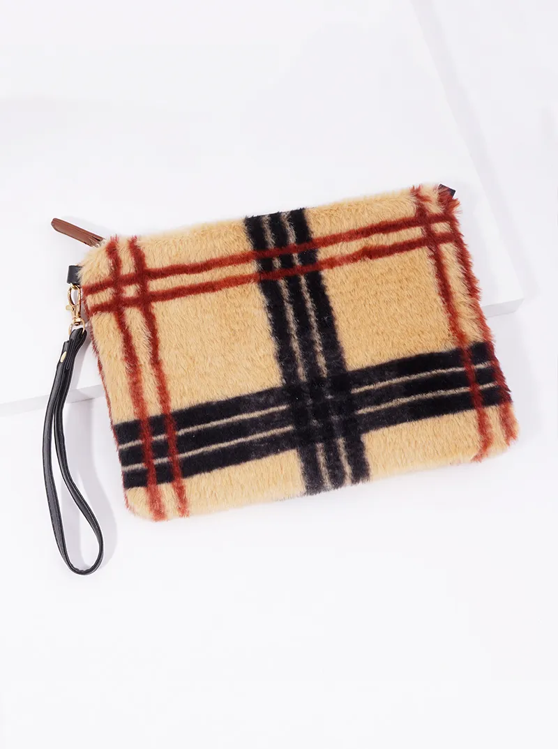 Plaid acrylic fur zip pouch with wristlet strap