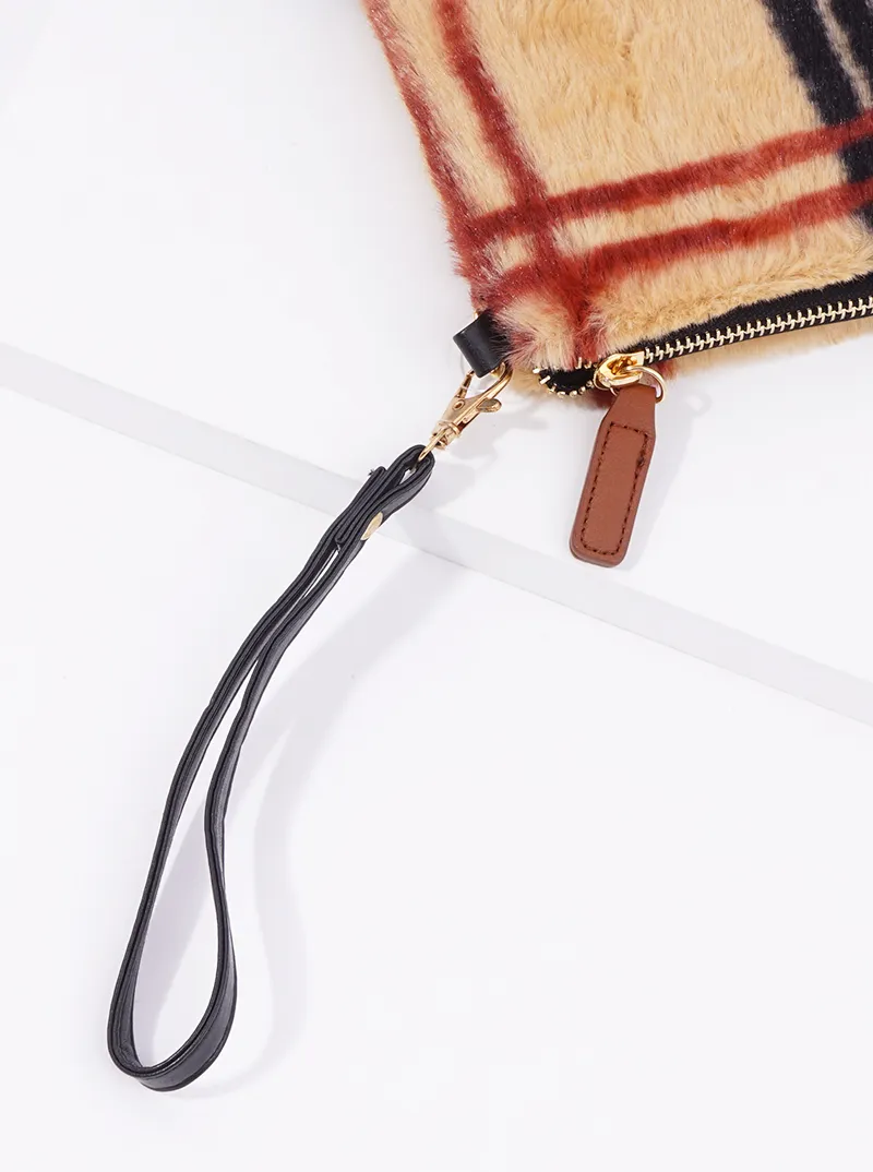 Plaid acrylic fur zip pouch with wristlet strap