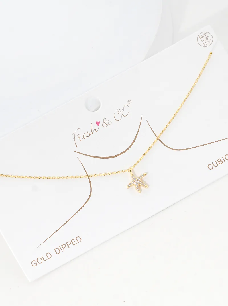 White Gold Dipped Cubic Zirconia Pave Sea life Starfish Pendant Delicate Necklace