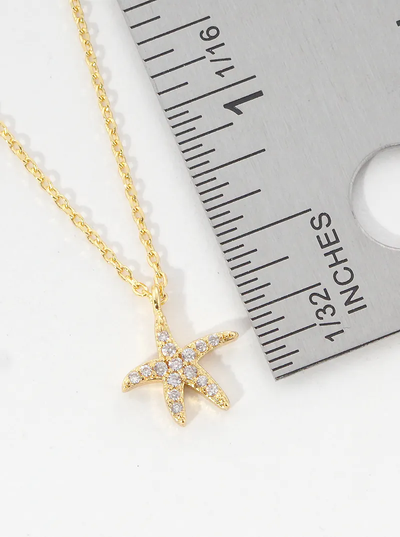 White Gold Dipped Cubic Zirconia Pave Sea life Starfish Pendant Delicate Necklace