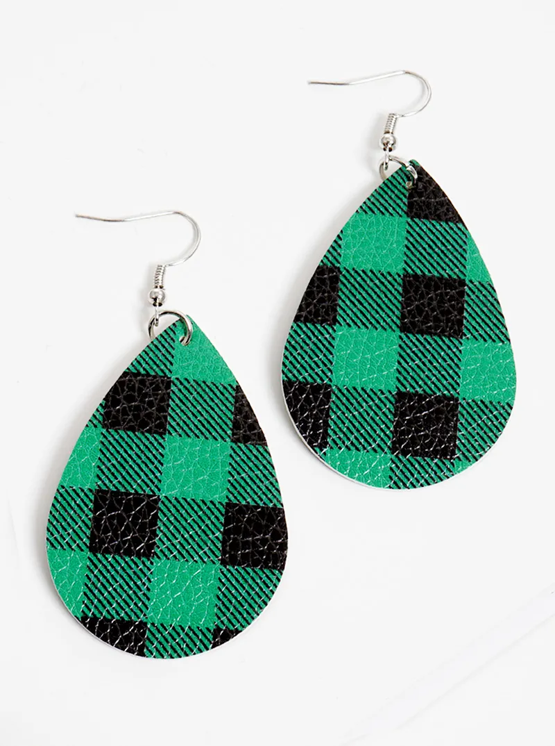 Buffalo check plaid leatherette teardrop dangle drop earrings