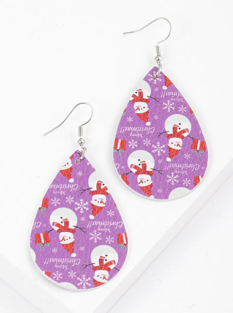 Snowman printed leatherette teardrop Christmas earrings
