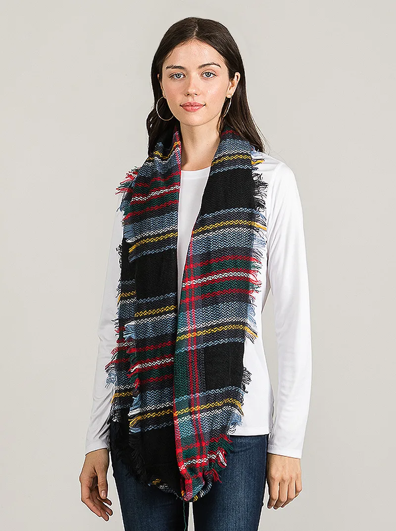 Tartan Plaid Double Loop Infinity Scarf with Fringe