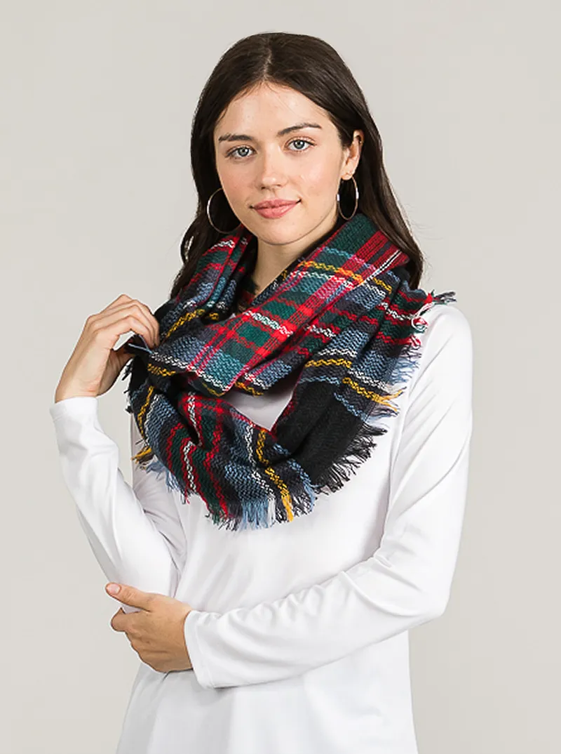 Tartan Plaid Double Loop Infinity Scarf with Fringe