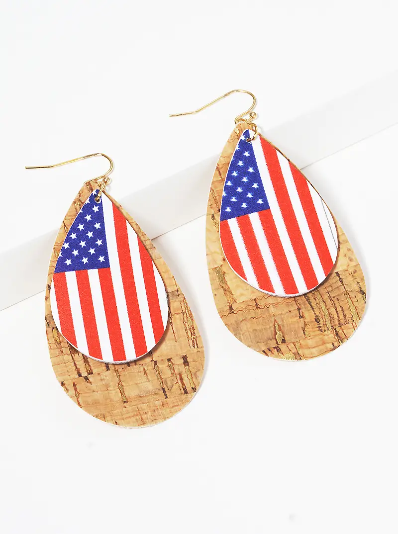 Cork and USA flag printed leatherette double teardrop dangle earrings