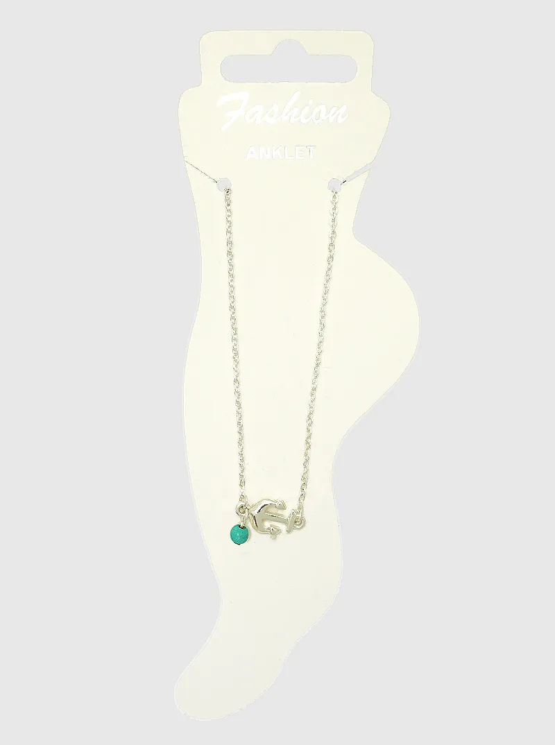 Anchor Turquoise Bead Charm Nautical Anklet
