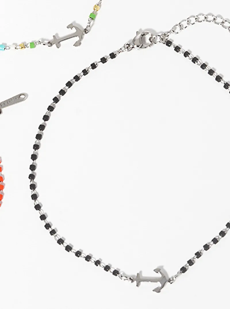 Cylinder Glass Bead With Anchor Stainless Steel Anklet