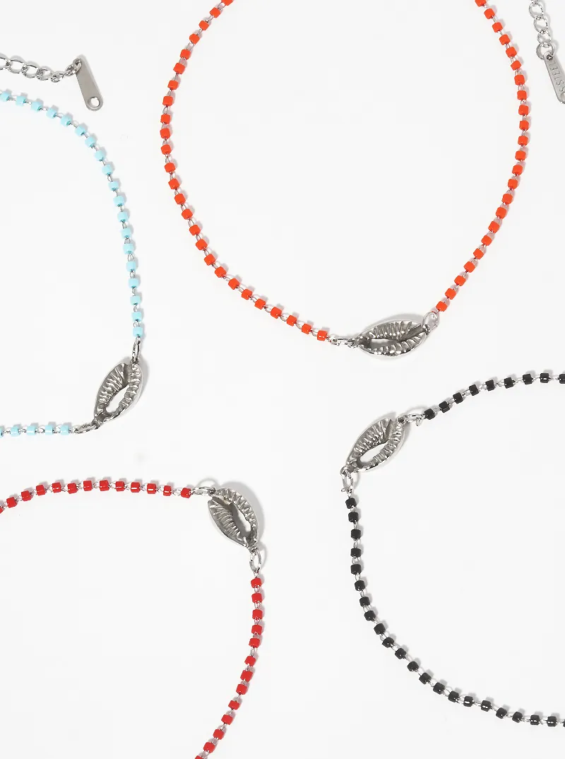Cylinder Glass Bead With Cowrie Stainless Steel Anklet