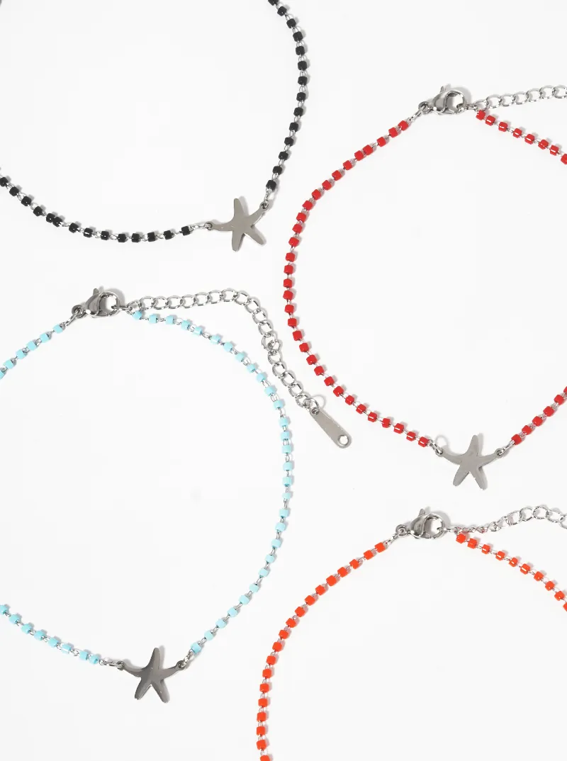 Cylinder Glass Bead With Starfish Stainless Steel Anklet