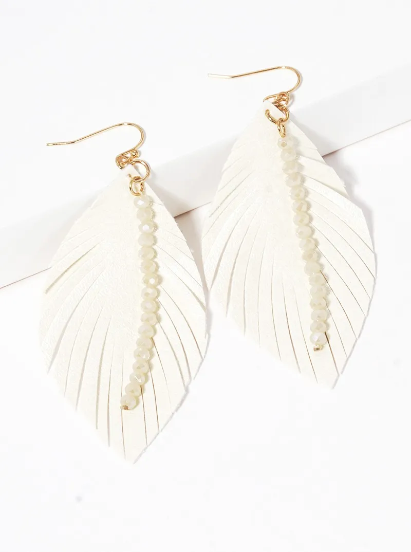 Faceted glass bead drop leatherette feather dangle drop earrings