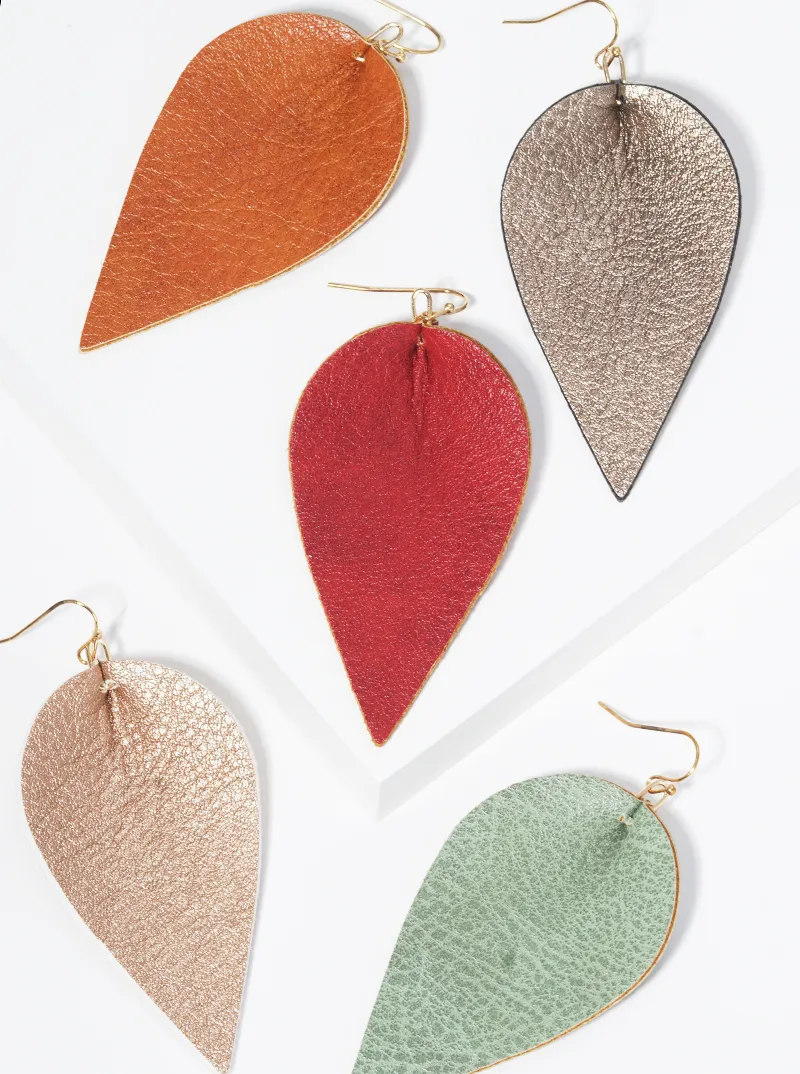 Leaf shape leatherette fishhook dangle drop earrings