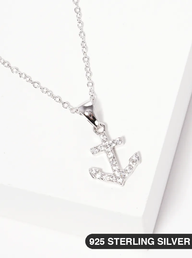 925 Sterling Silver CZ Nautical Anchor Pendant Delicate Necklace