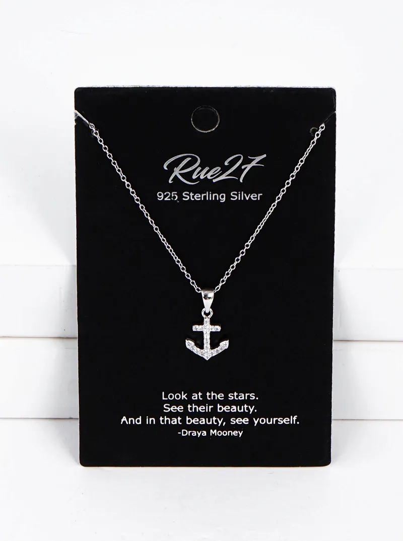 925 Sterling Silver CZ Nautical Anchor Pendant Delicate Necklace