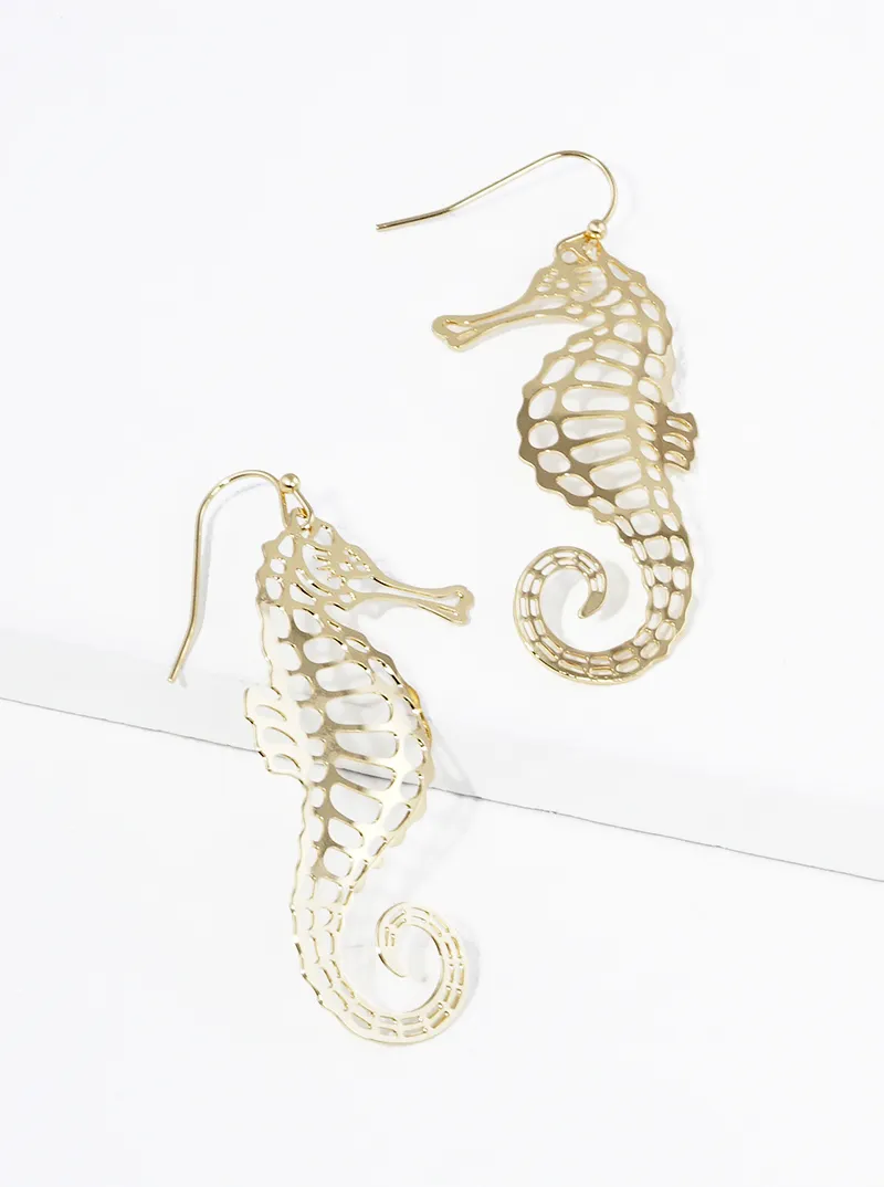 Hammered metal delicate filigree seahorse dangle drop earrings