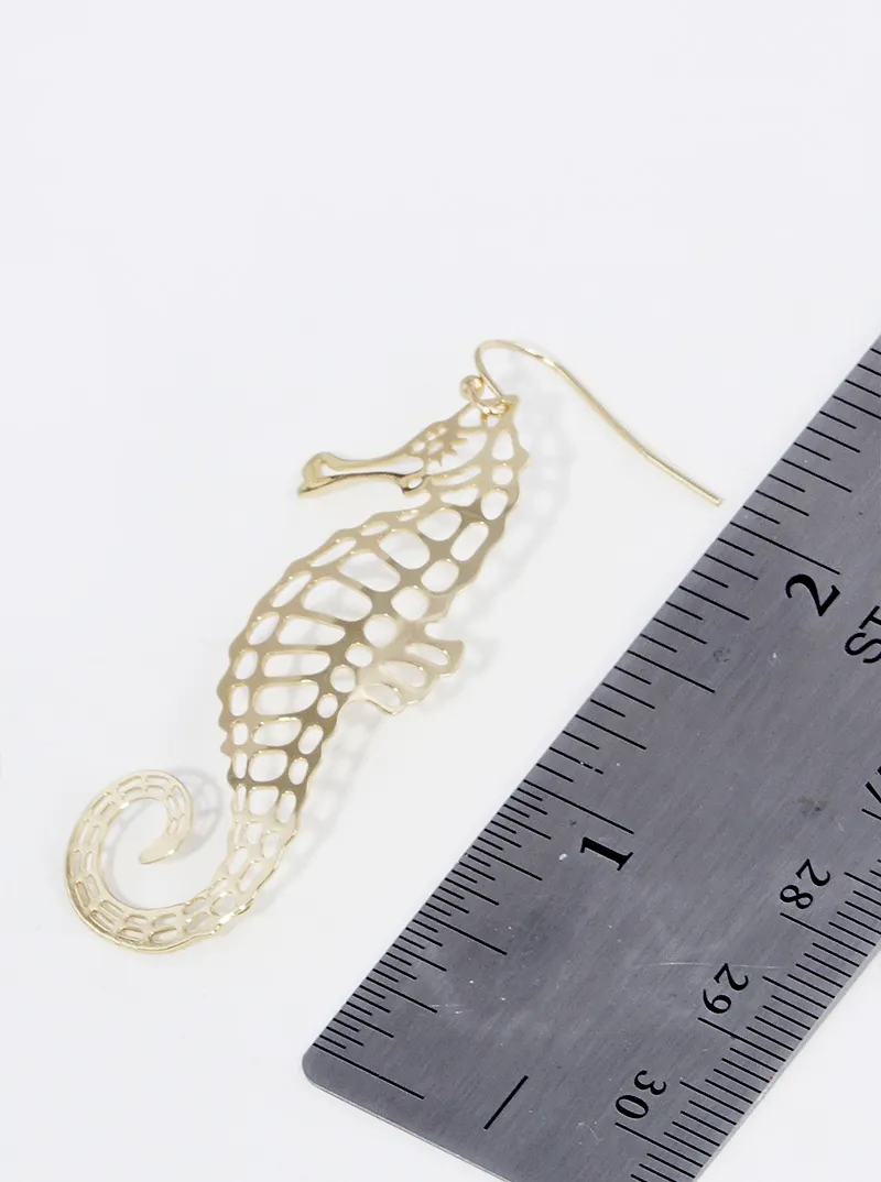 Hammered metal delicate filigree seahorse dangle drop earrings