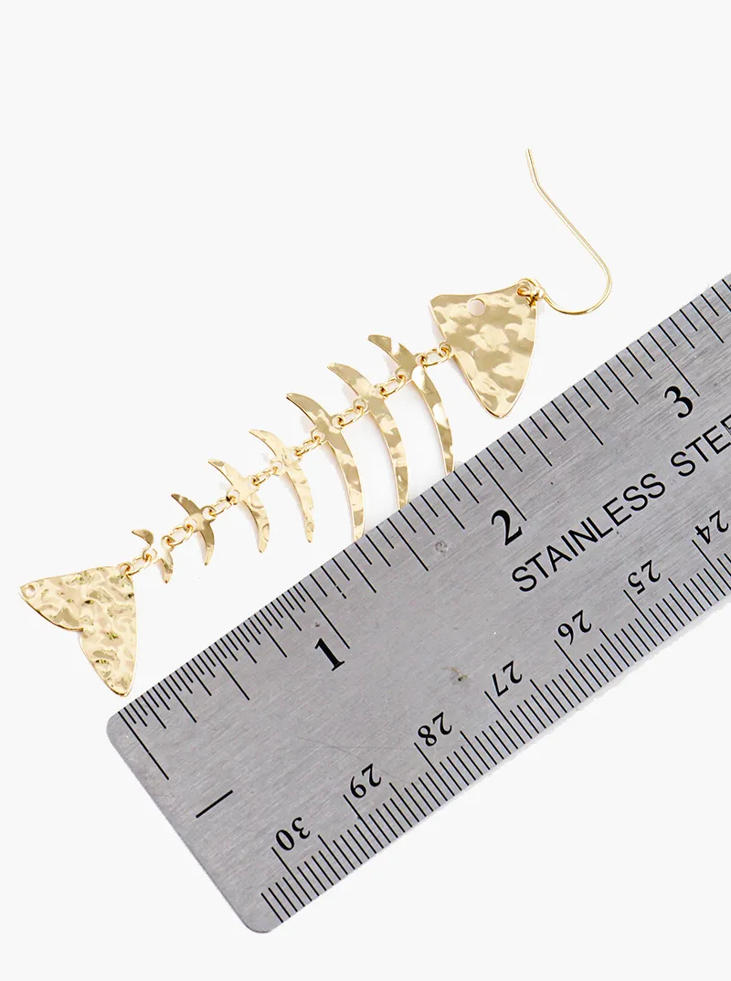 Hammered metal fishbone lightweight dangle drop earrings
