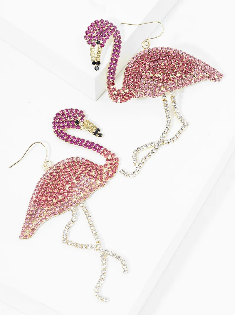 Crystal pave flamingo shape fun post dangle drop earrings