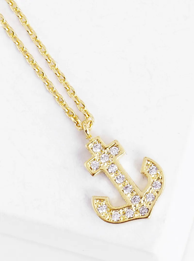 18k gold dipped CZ pave anchor pendant delicate necklace