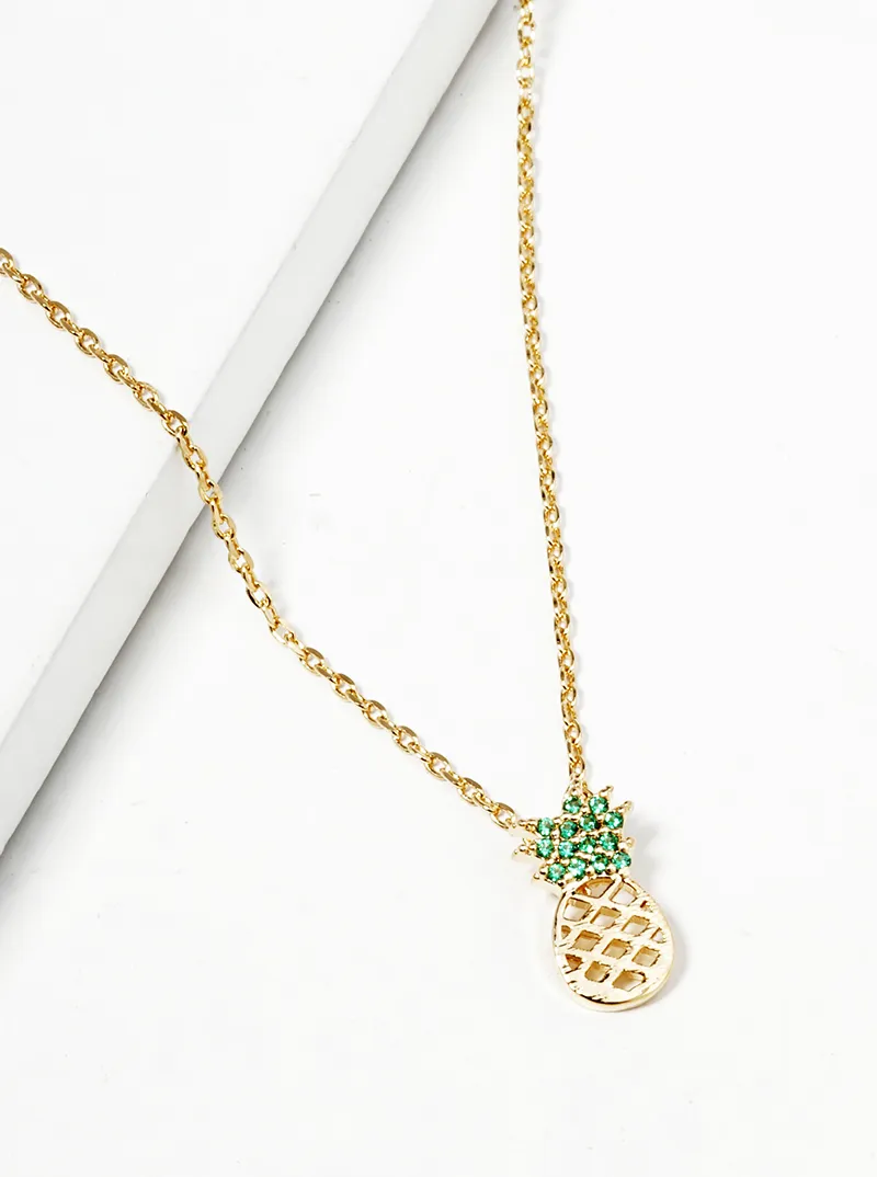 18K Gold Dipped Peridot CZ Pave Pineapple Pendant Necklace