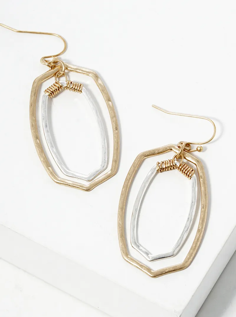 Wire wrapped metal double rounded hexagon dangle drop earrings