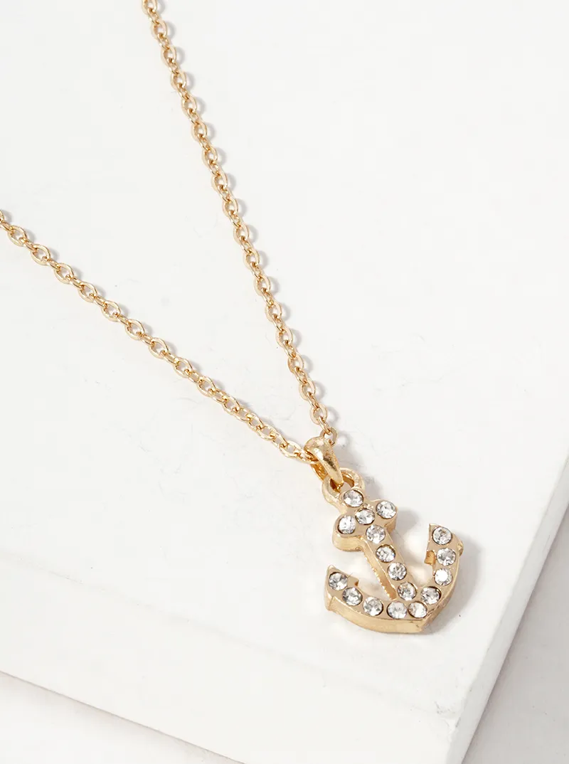Crystal pave anchor pendant nautical necklace