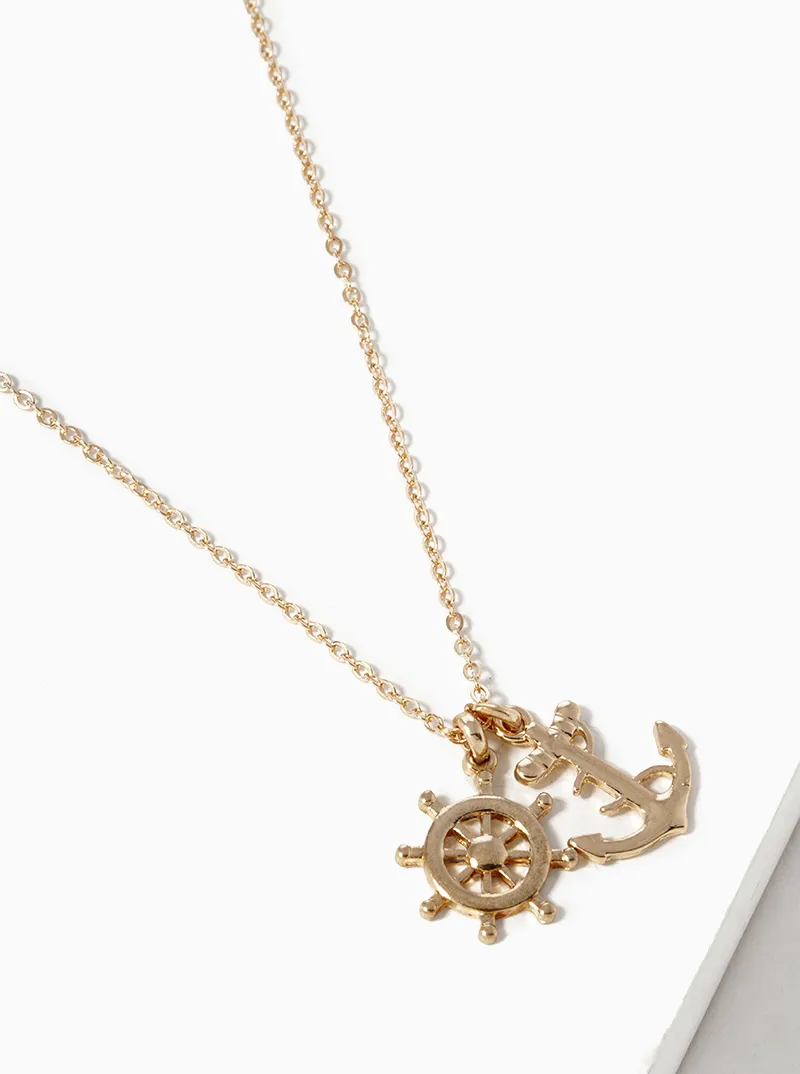 Metal rudder and anchor pendant nautical necklace