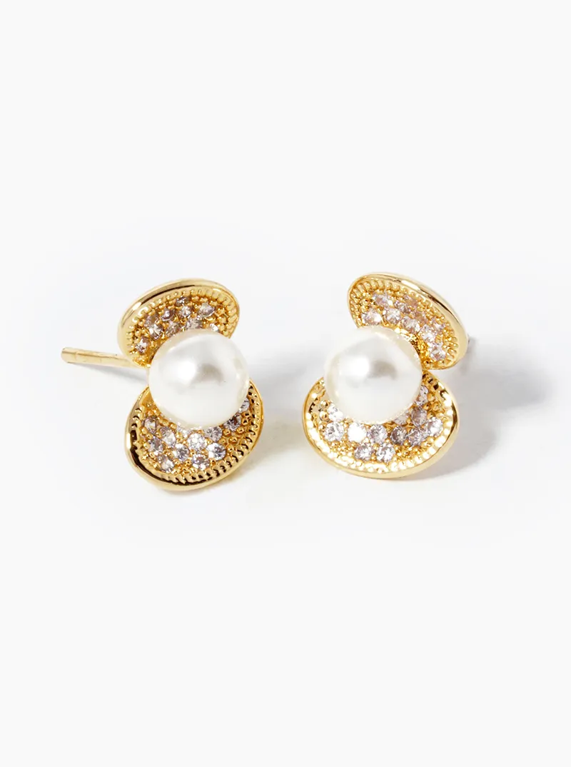 18k Gold Dipped CZ Pave Shell with Pearls Stud Earrings
