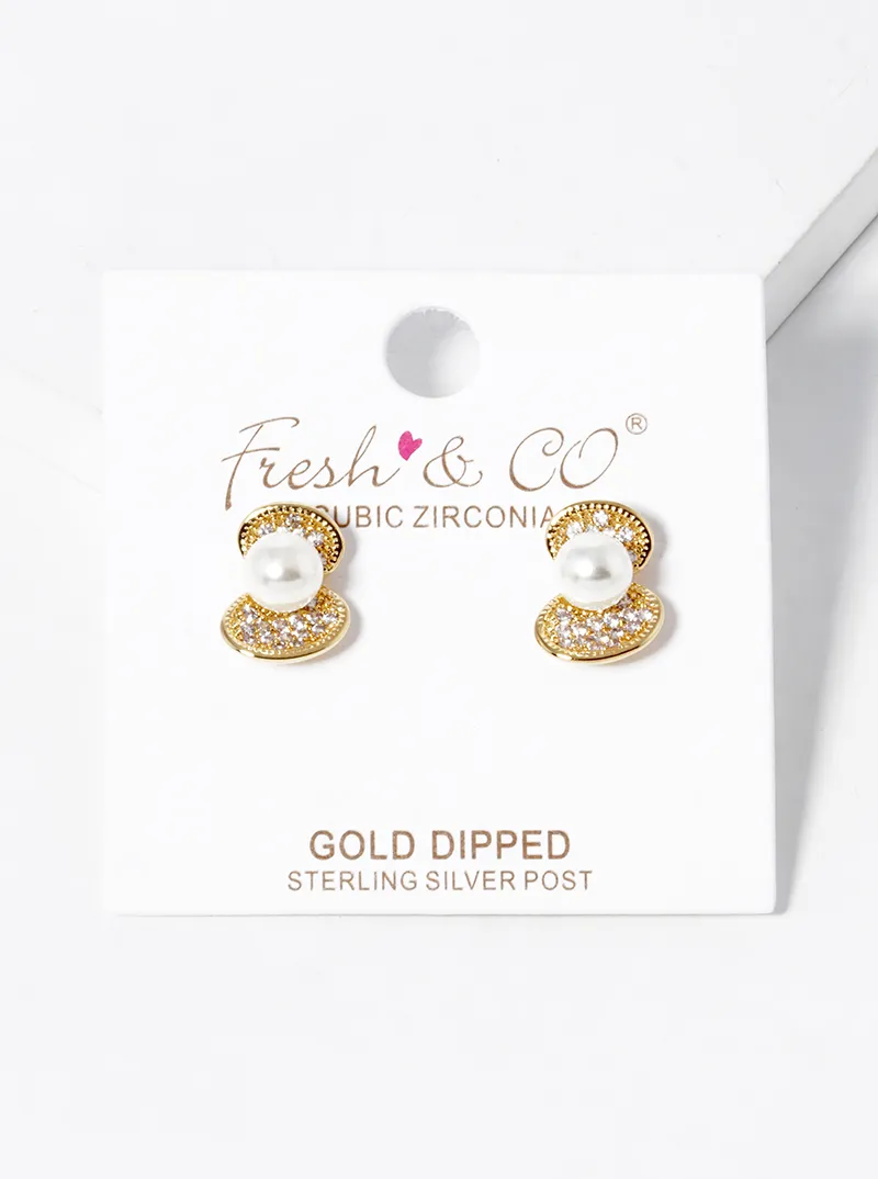 18k Gold Dipped CZ Pave Shell with Pearls Stud Earrings