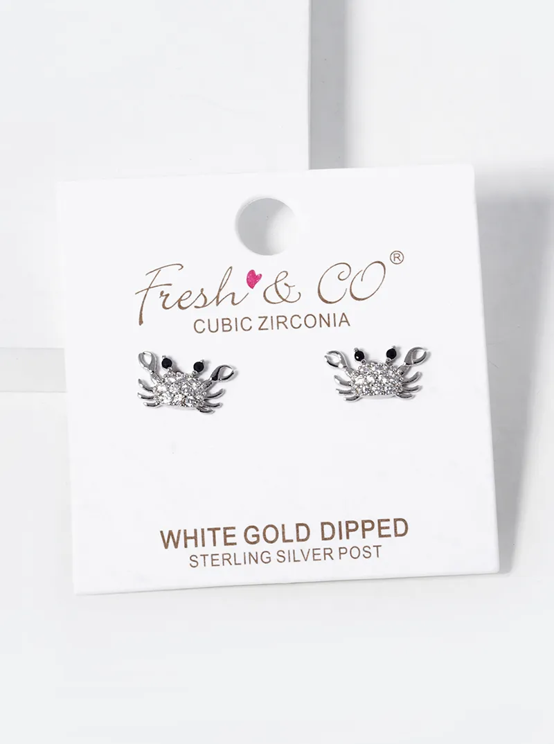 White Gold Dipped CZ Pave Crab Stud Earrings