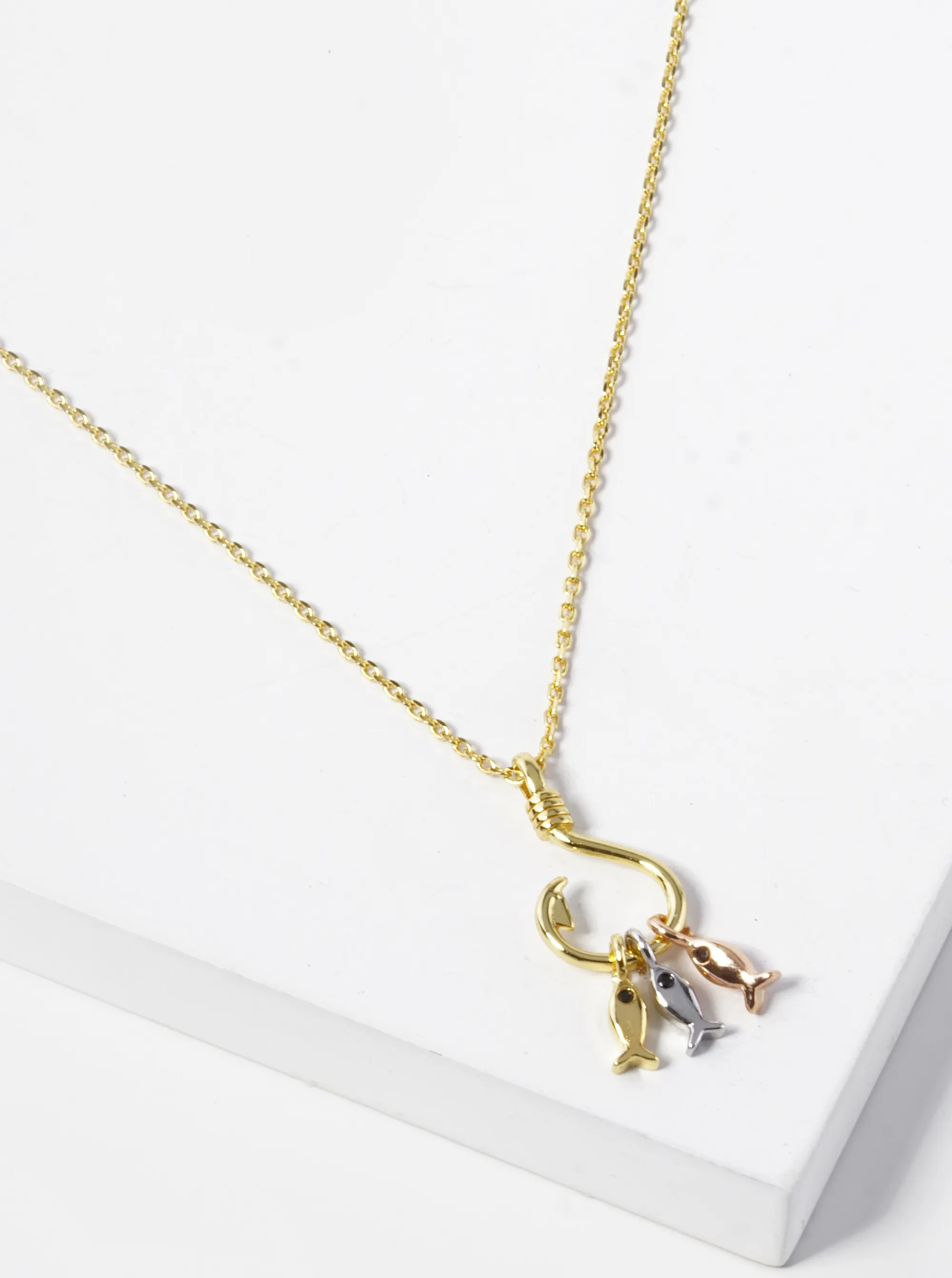 18k Gold Dipped Three Fish With A Hook Pendant Necklace