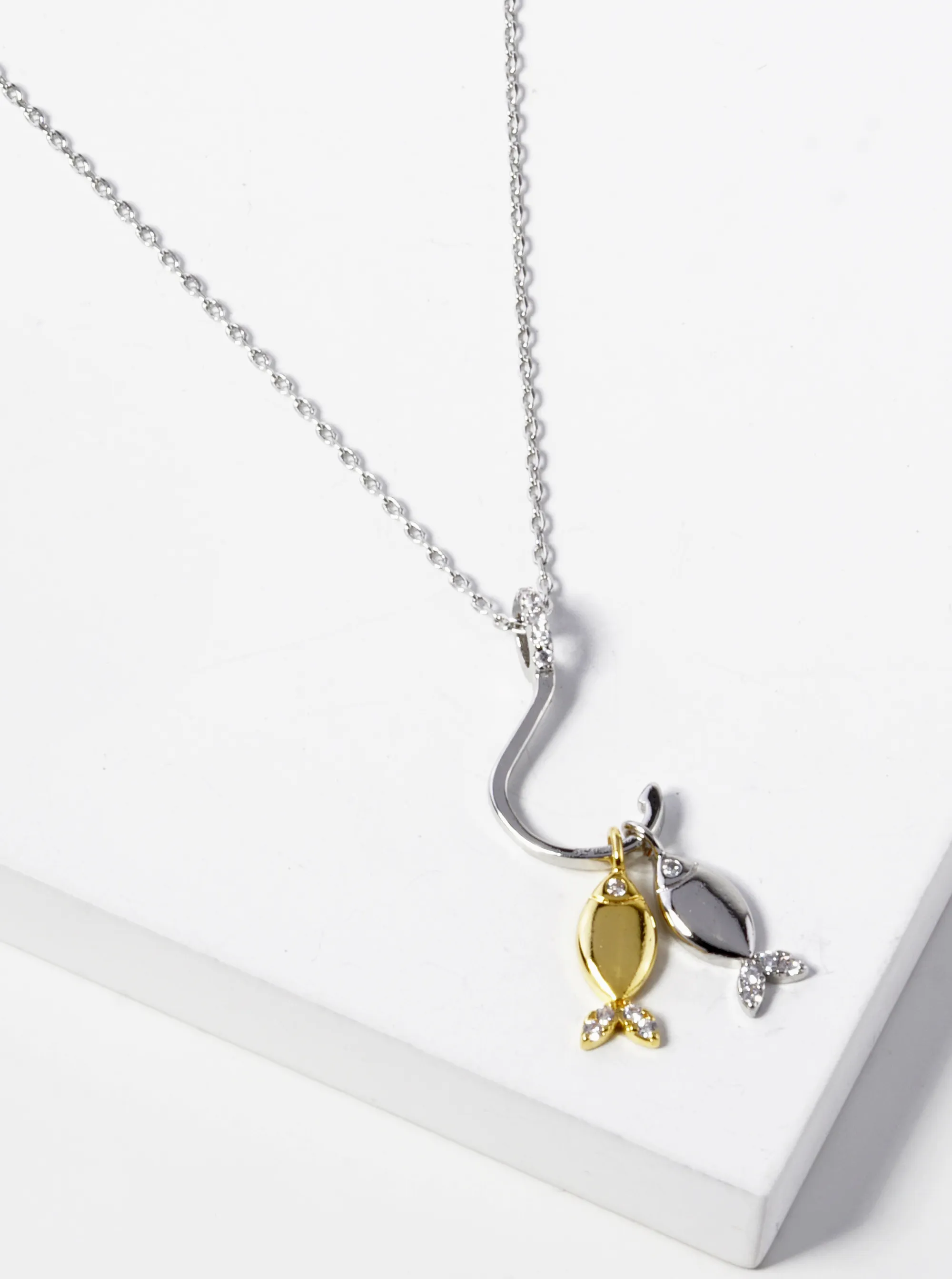 White Gold Dipped CZ Two Fish With A Hook Pendant Necklace