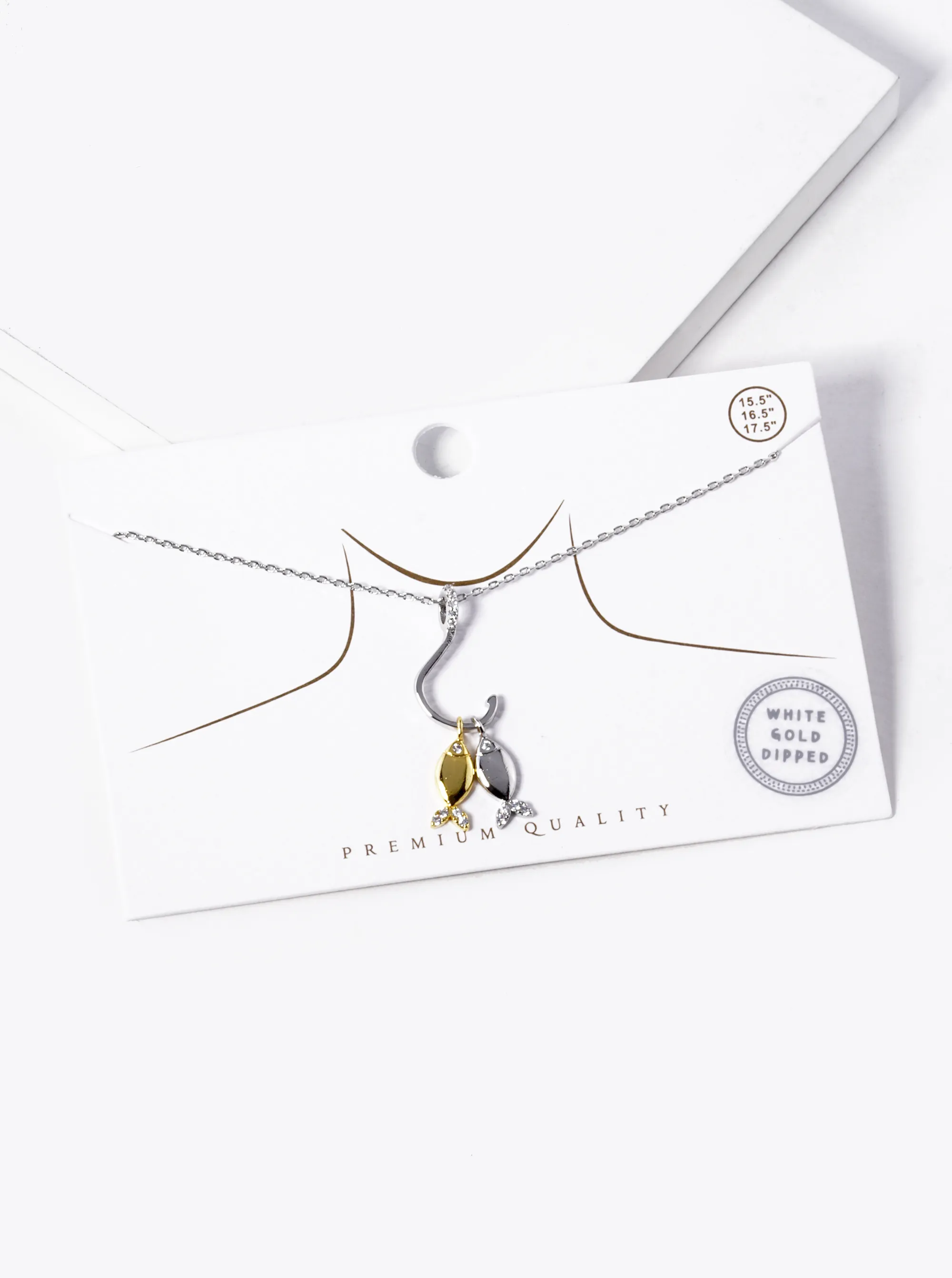 White Gold Dipped CZ Two Fish With A Hook Pendant Necklace