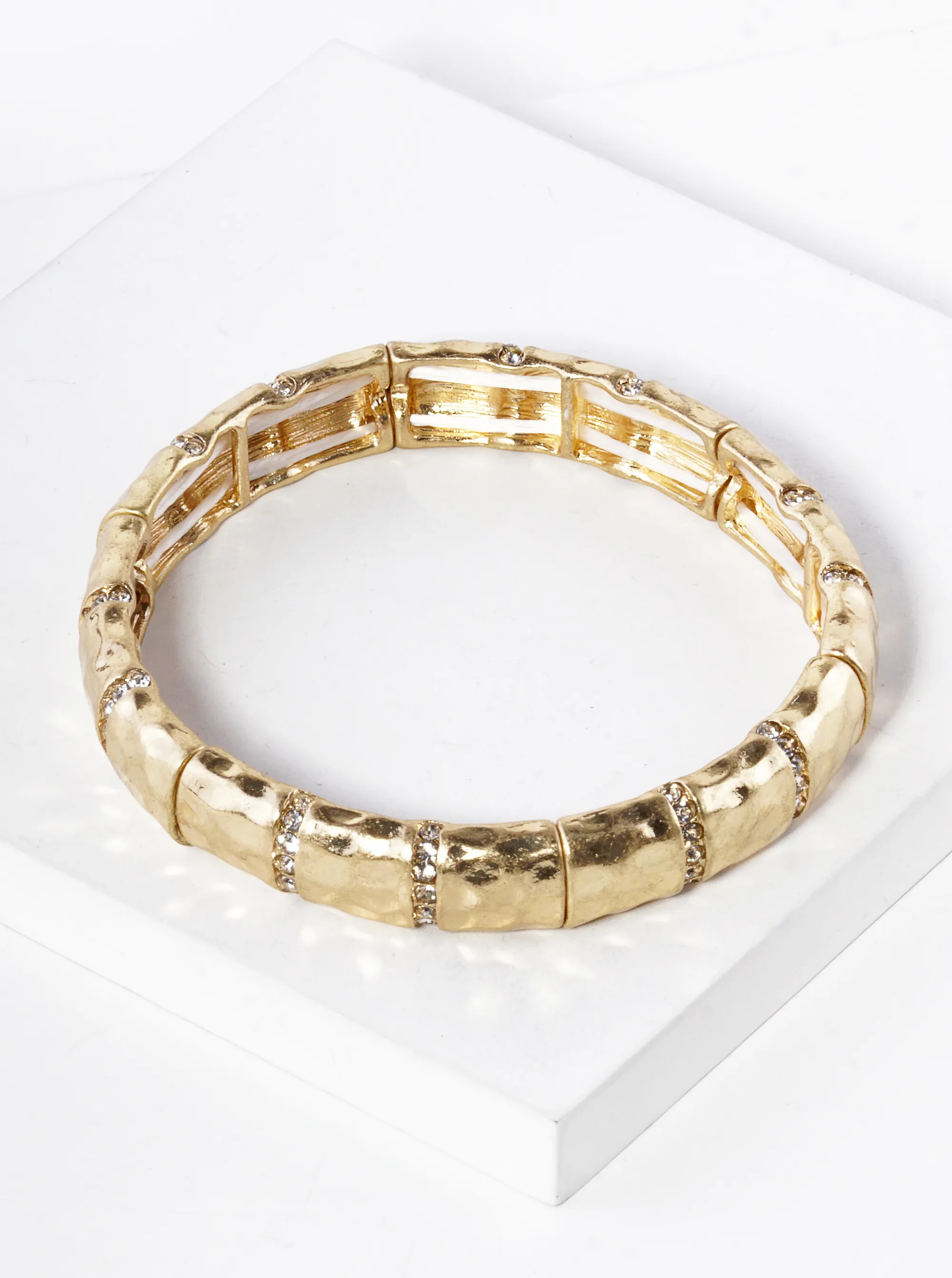 Pave Crystal Hammered Metal Stretch Bracelet WG