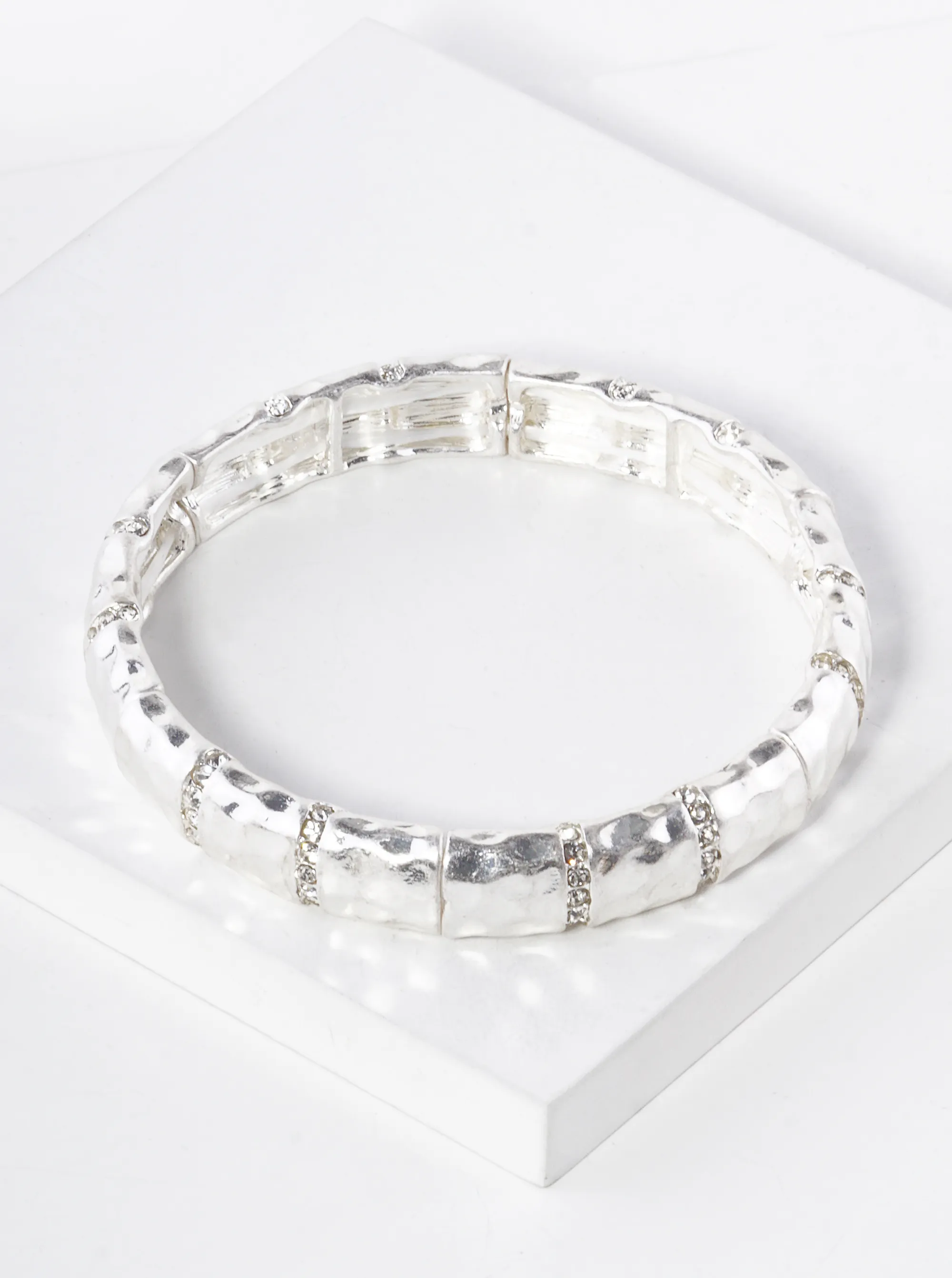 Pave Crystal Hammered Metal Stretch Bracelet