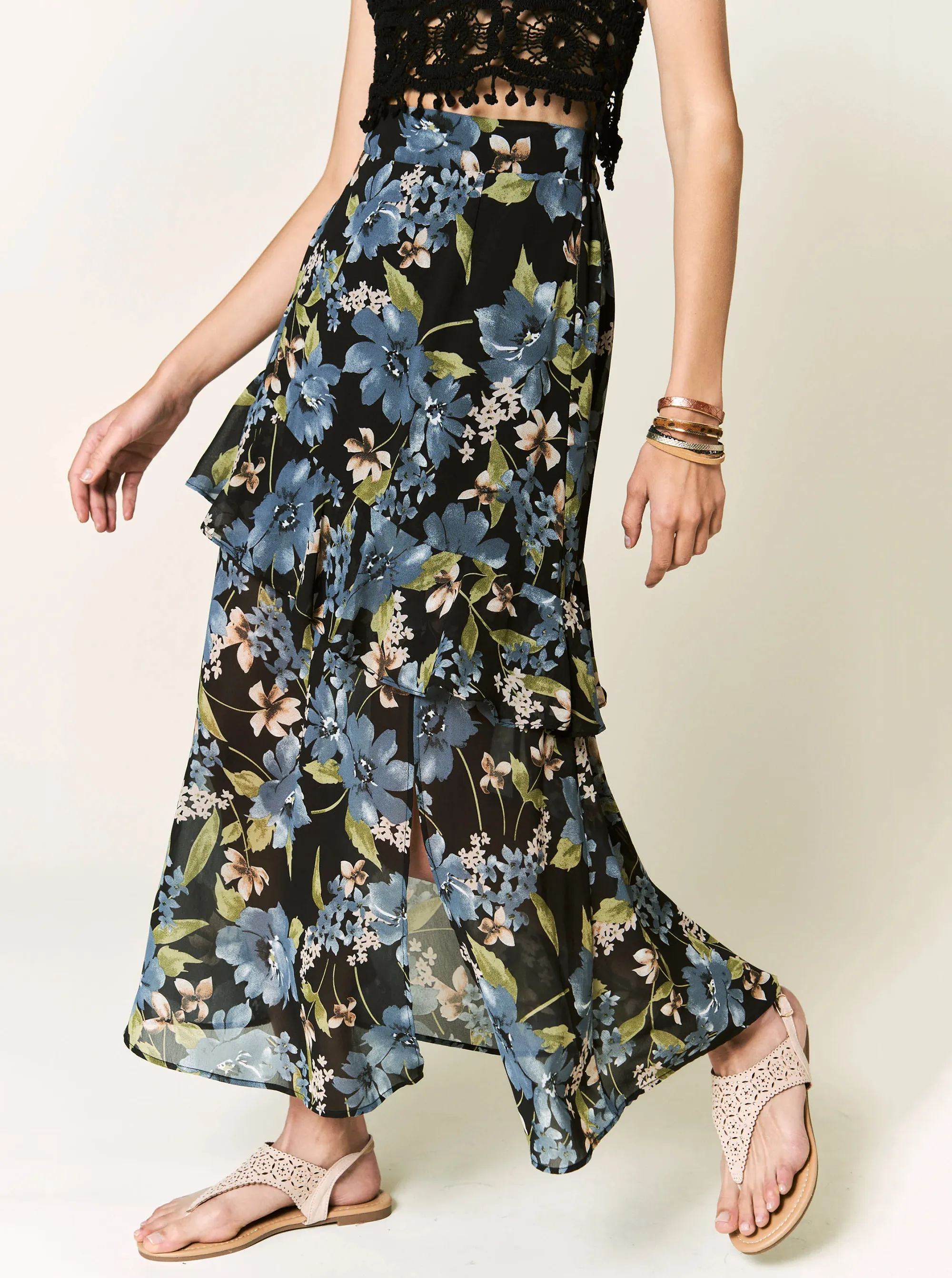 Chiffon Floral Print Lace Edge Detailing Front Tie Long Skirt