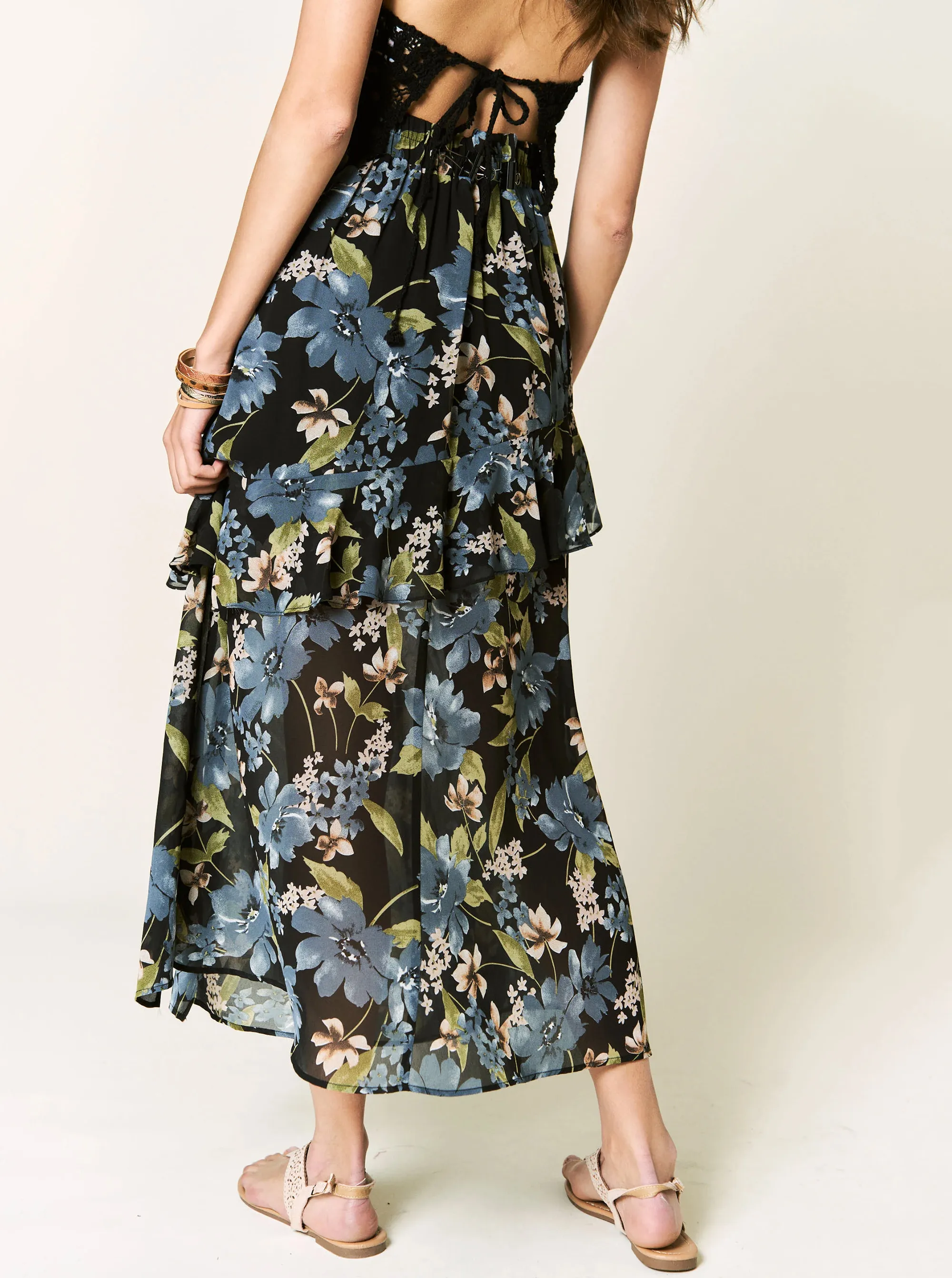 Chiffon Floral Print Lace Edge Detailing Front Tie Long Skirt