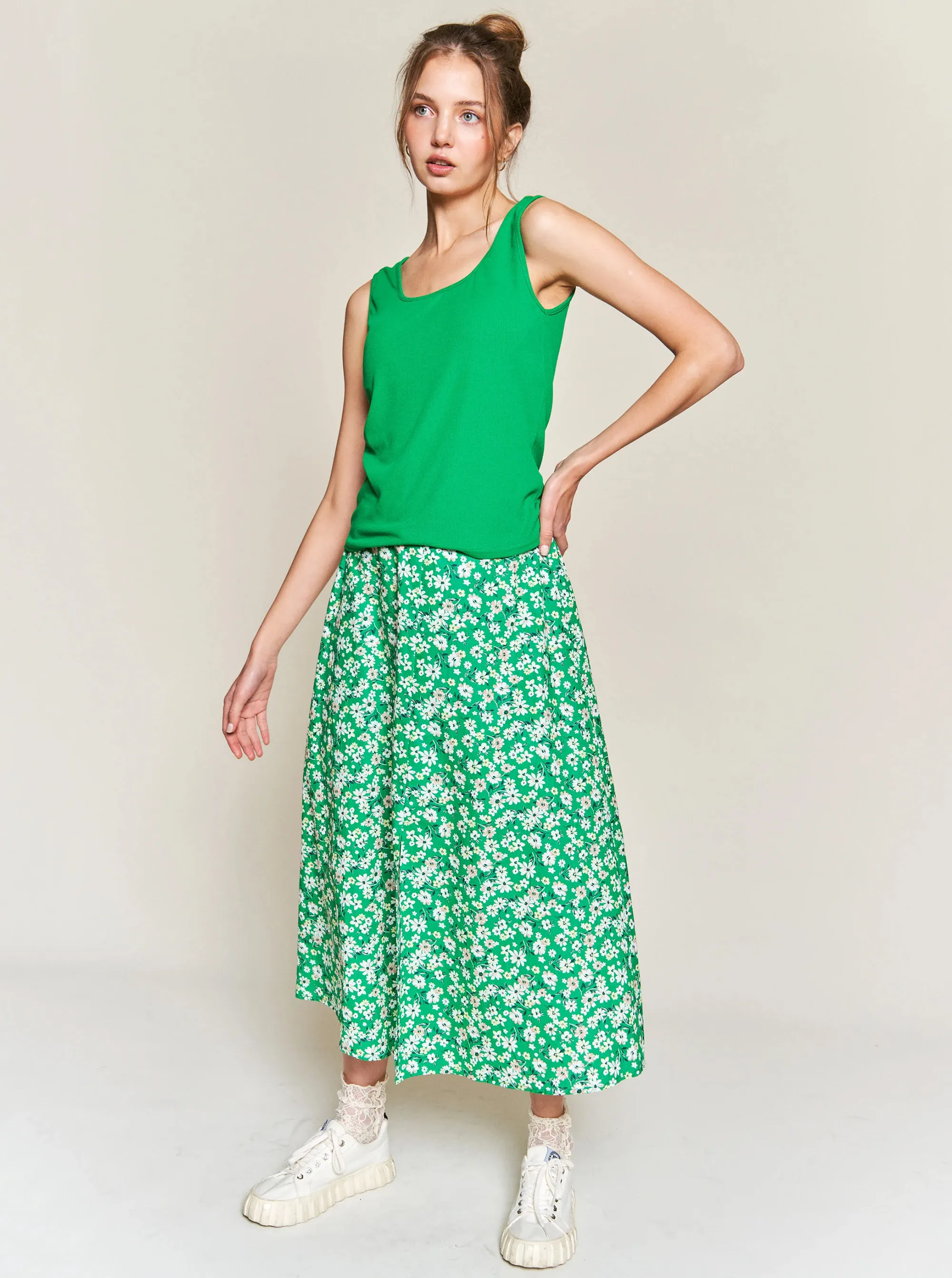 Floral Pattern Waisted Band Stretch Fit Midi Skirt