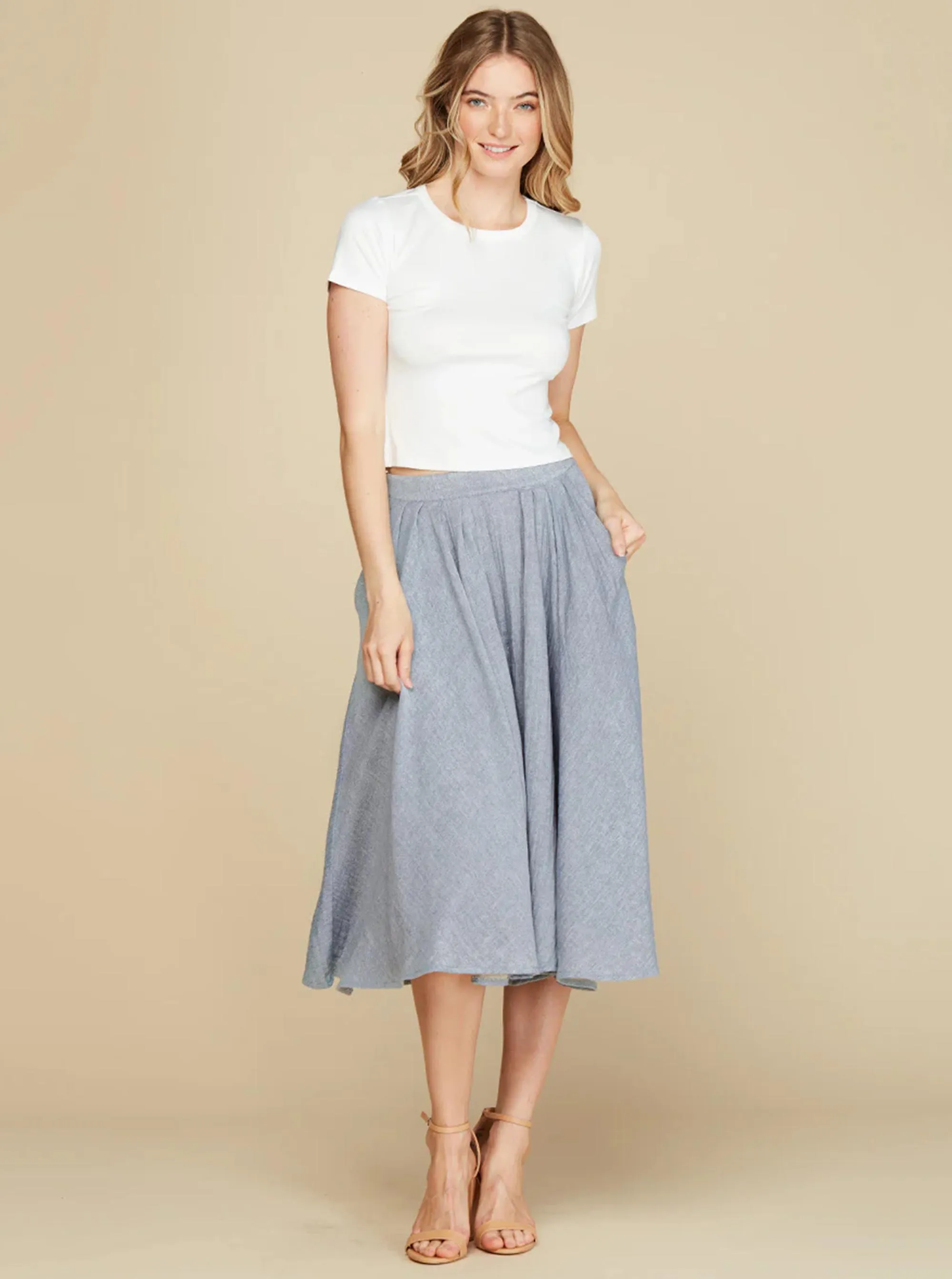Washed Linen Flared A-Line Silhouette Midi Skirt