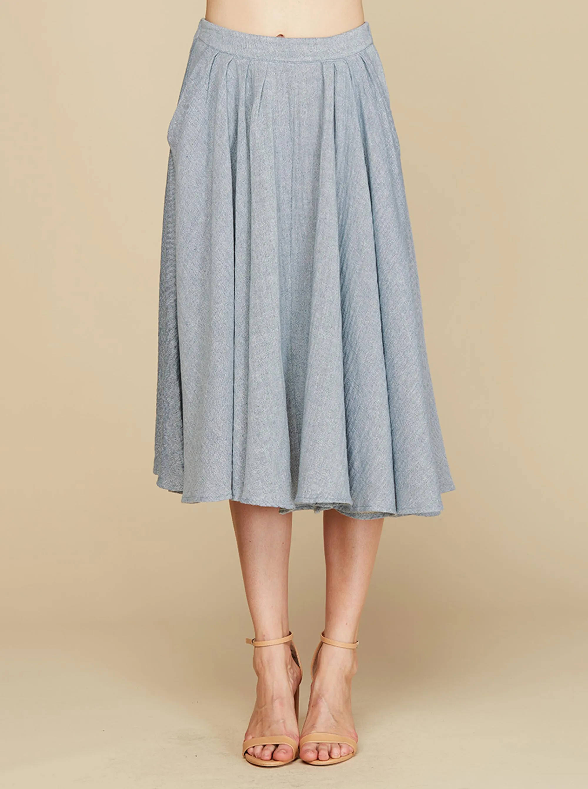 Washed Linen Flared A-Line Silhouette Midi Skirt