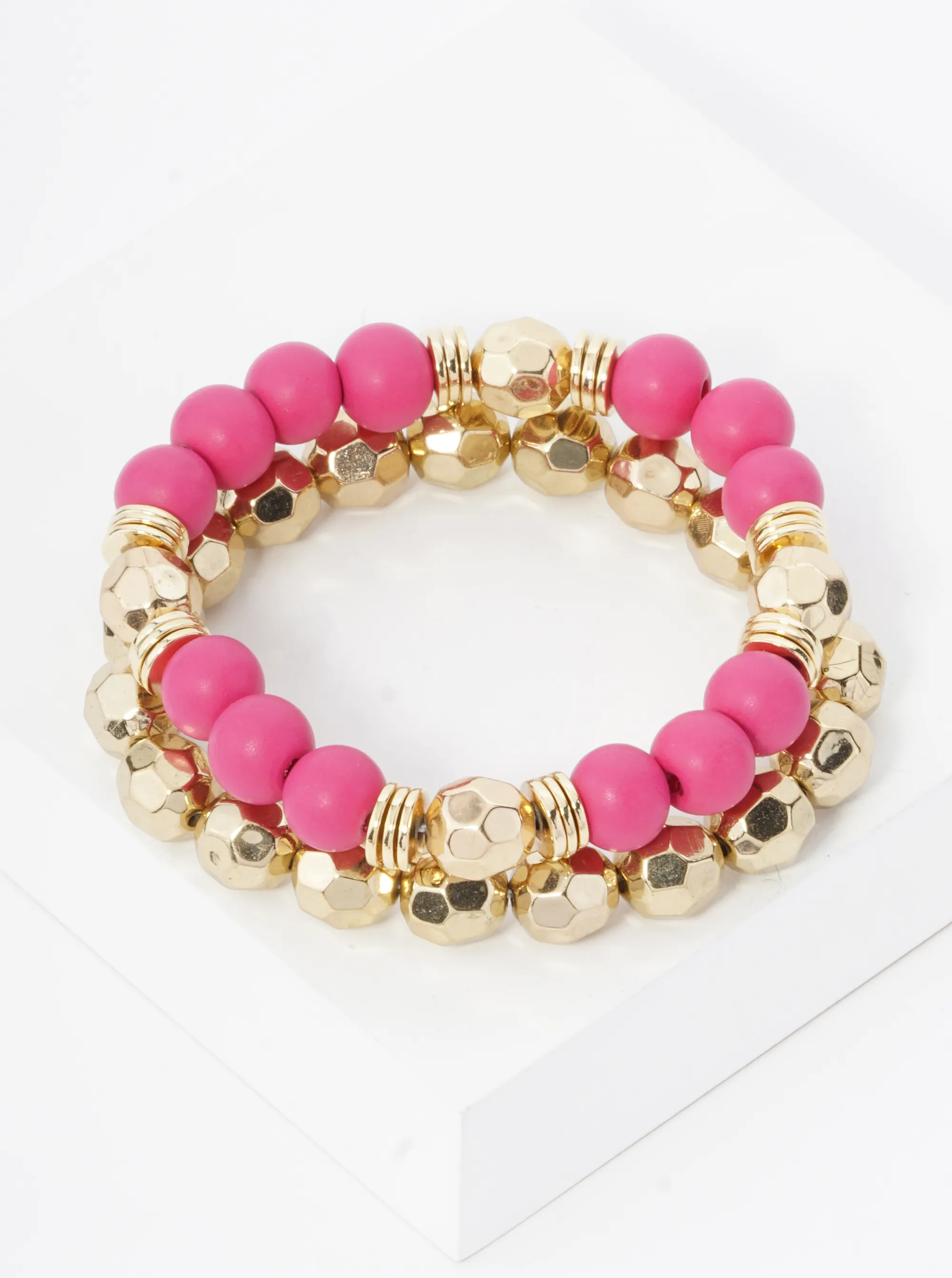 Set of 2 Color Coated 10mm Wood and Faceted Metallic Beads Stackable Stretch Bracelet