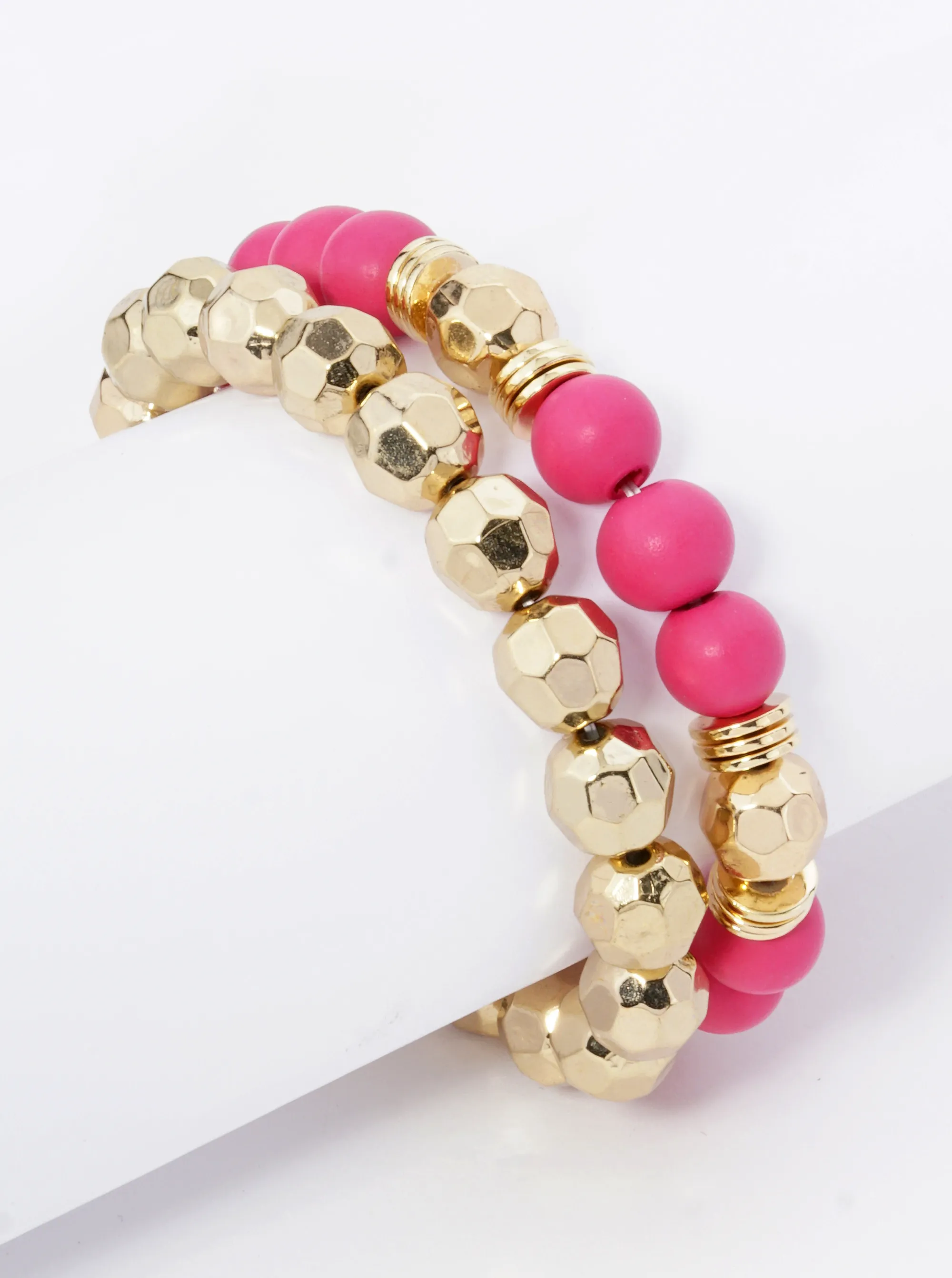 Set of 2 Color Coated 10mm Wood and Faceted Metallic Beads Stackable Stretch Bracelet
