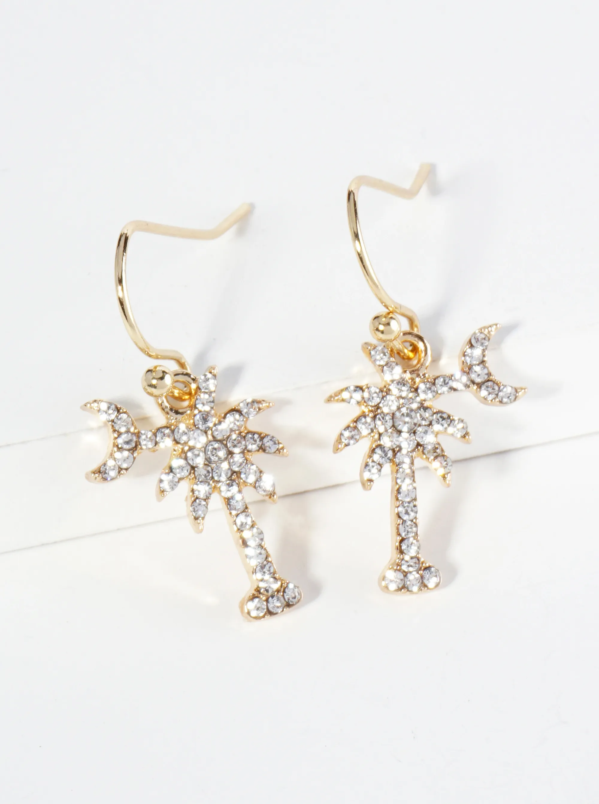 Crystal Pave Palm Tree and Moon Drop Dangle Earrings