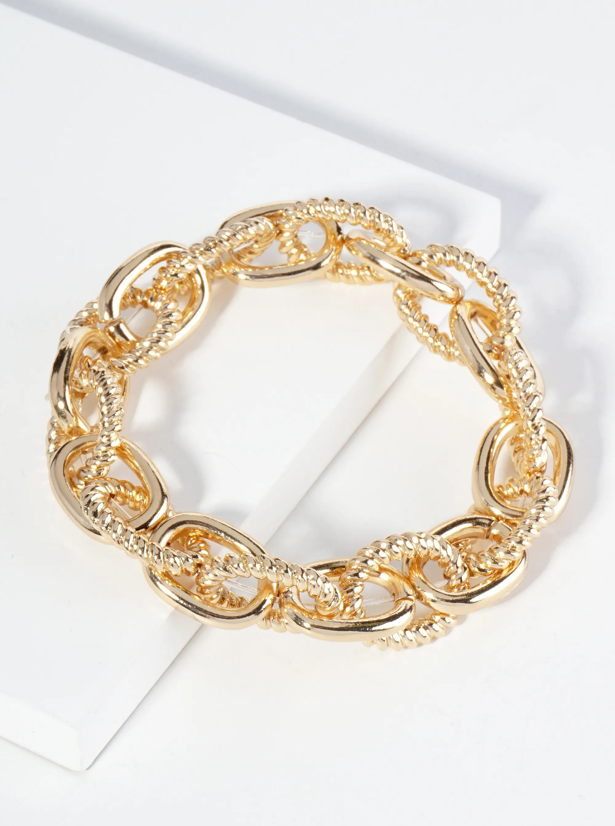 Gold Textured Metal Link Chain Stretch Bracelet