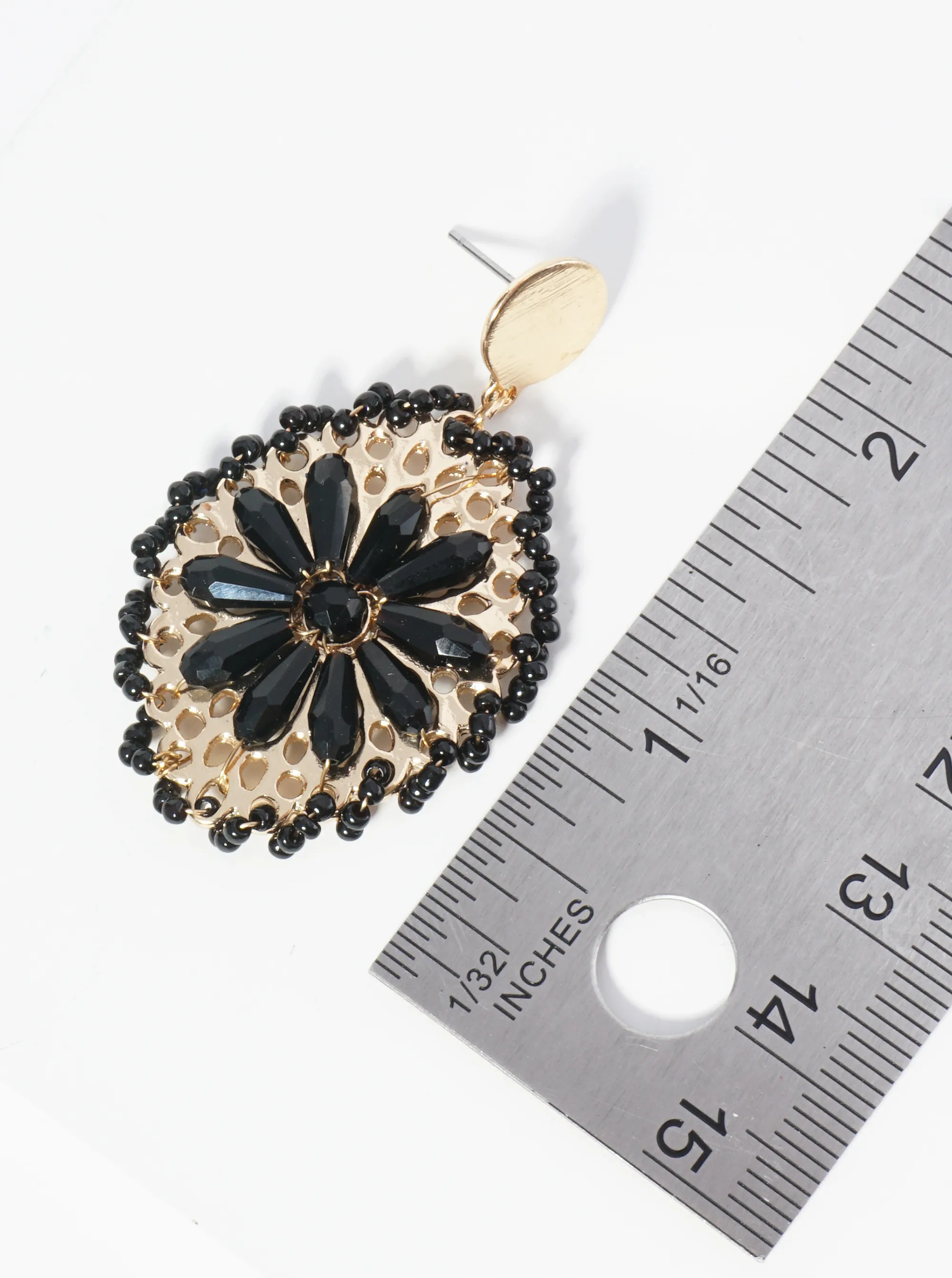 Seed Bead-Wrapped Floral Glass Bead Embellishment Post Drop Earrings BK