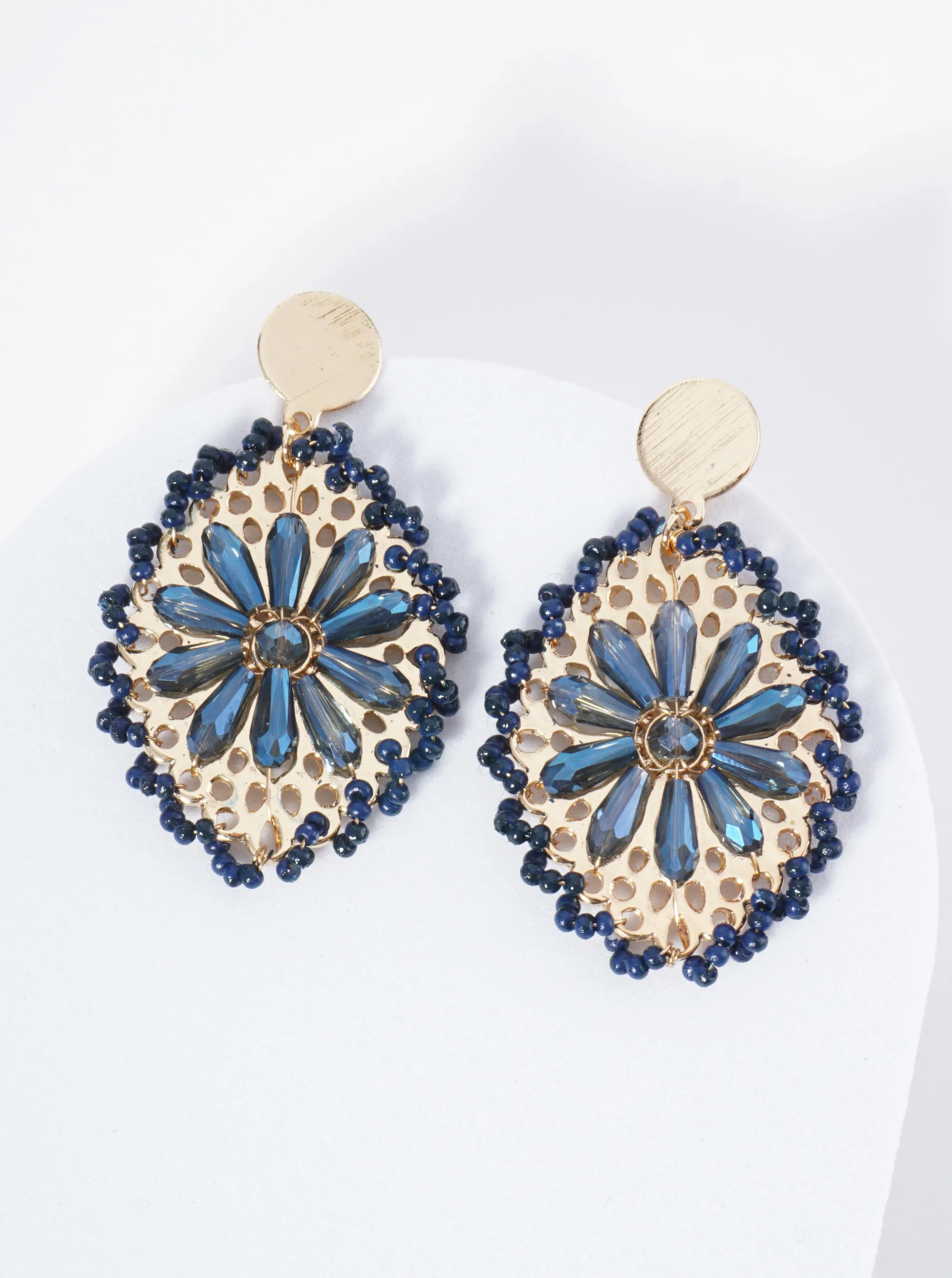 Seed Bead-Wrapped Floral Glass Bead Embellishment Post Drop Earrings NV