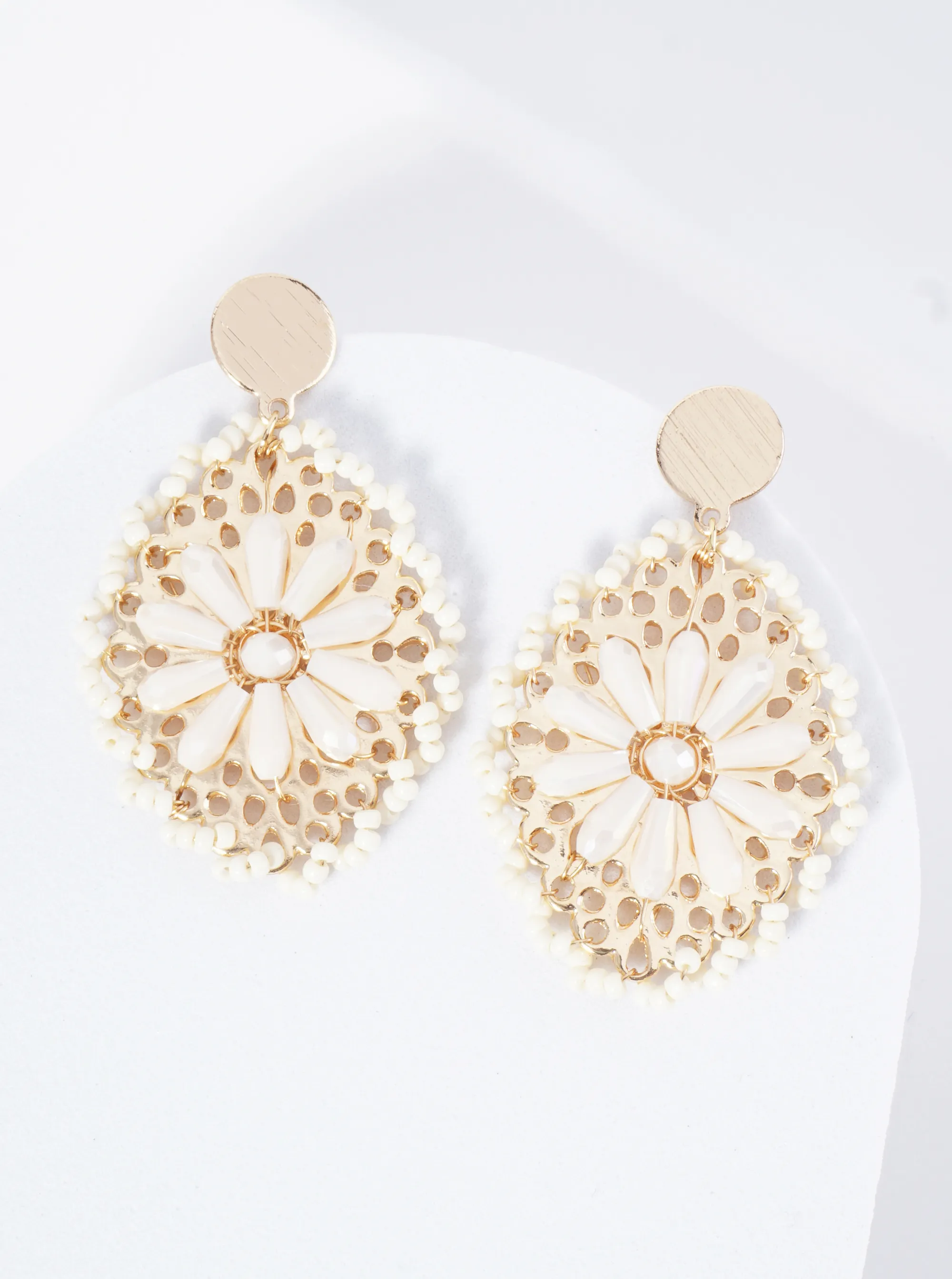Seed Bead-Wrapped Floral Glass Bead Embellishment Post Drop Earrings