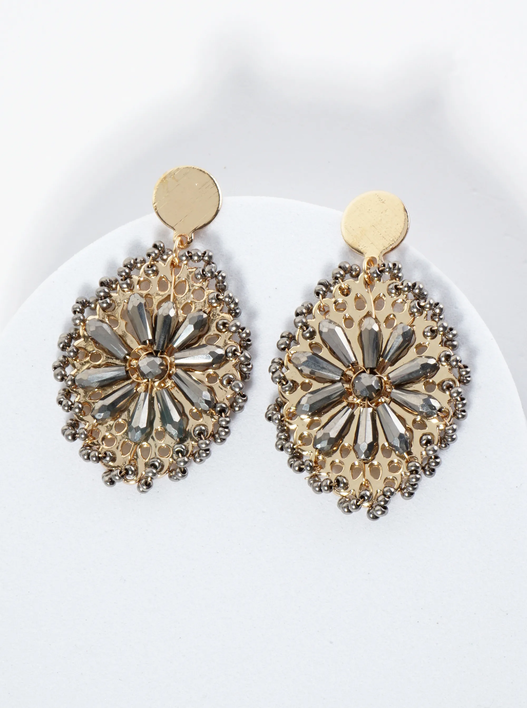 Seed Bead-Wrapped Floral Glass Bead Embellishment Post Drop Earrings