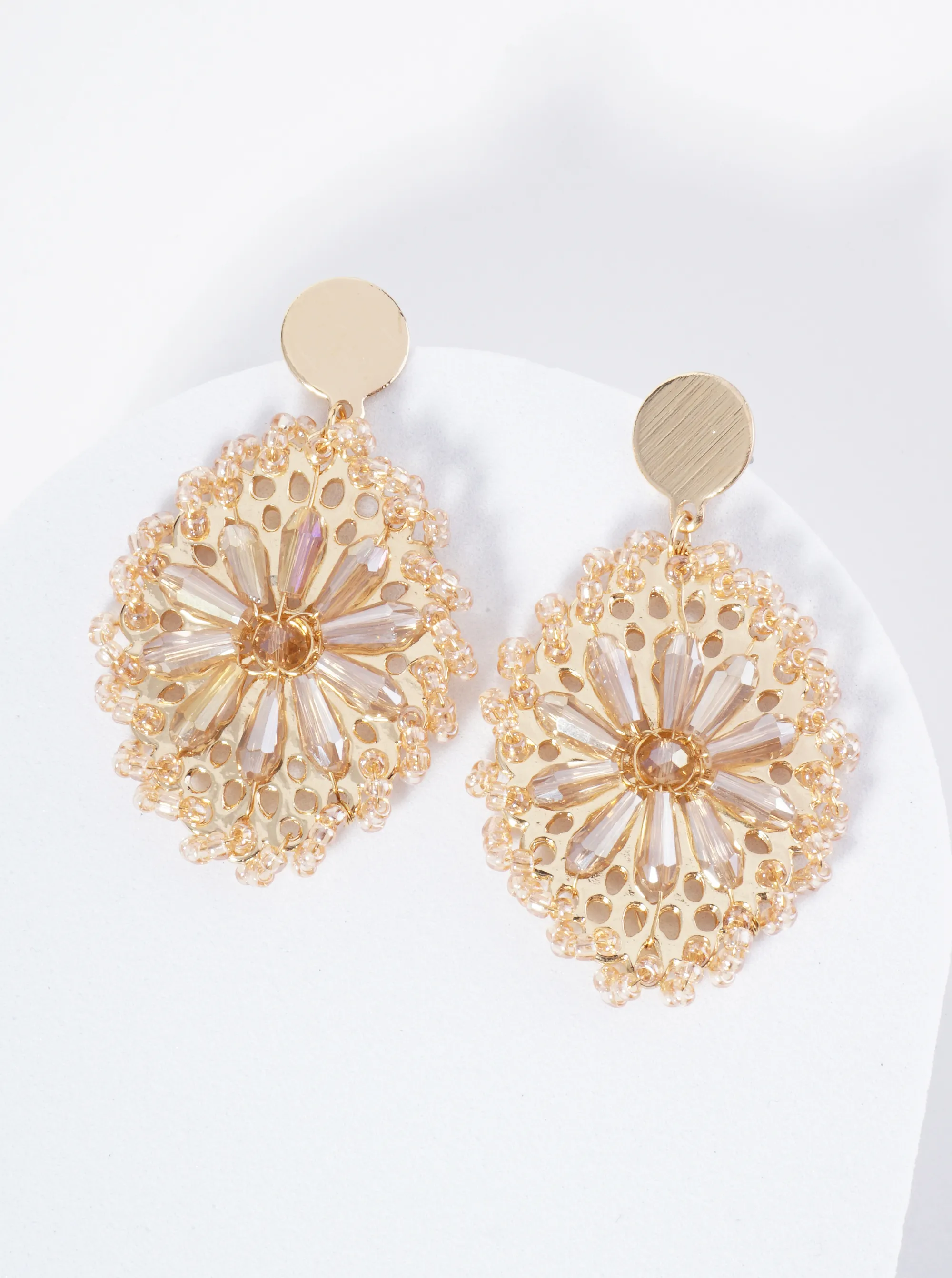 Seed Bead-Wrapped Floral Glass Bead Embellishment Post Drop Earrings