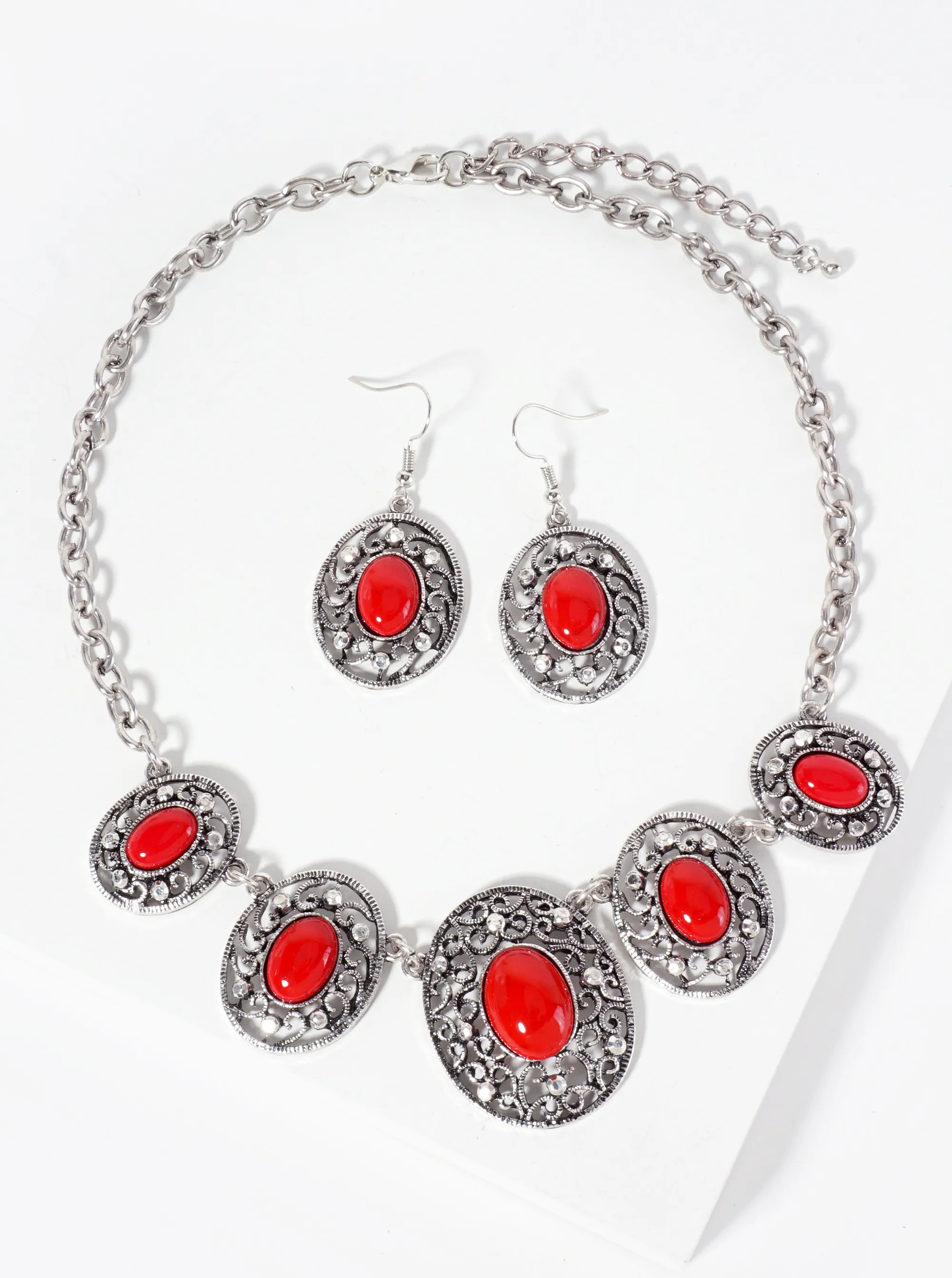 Graduated Oval-Shape Semi-Precious Natural-Stone Bohemian Bib Statement Necklace Set-with-Earrings